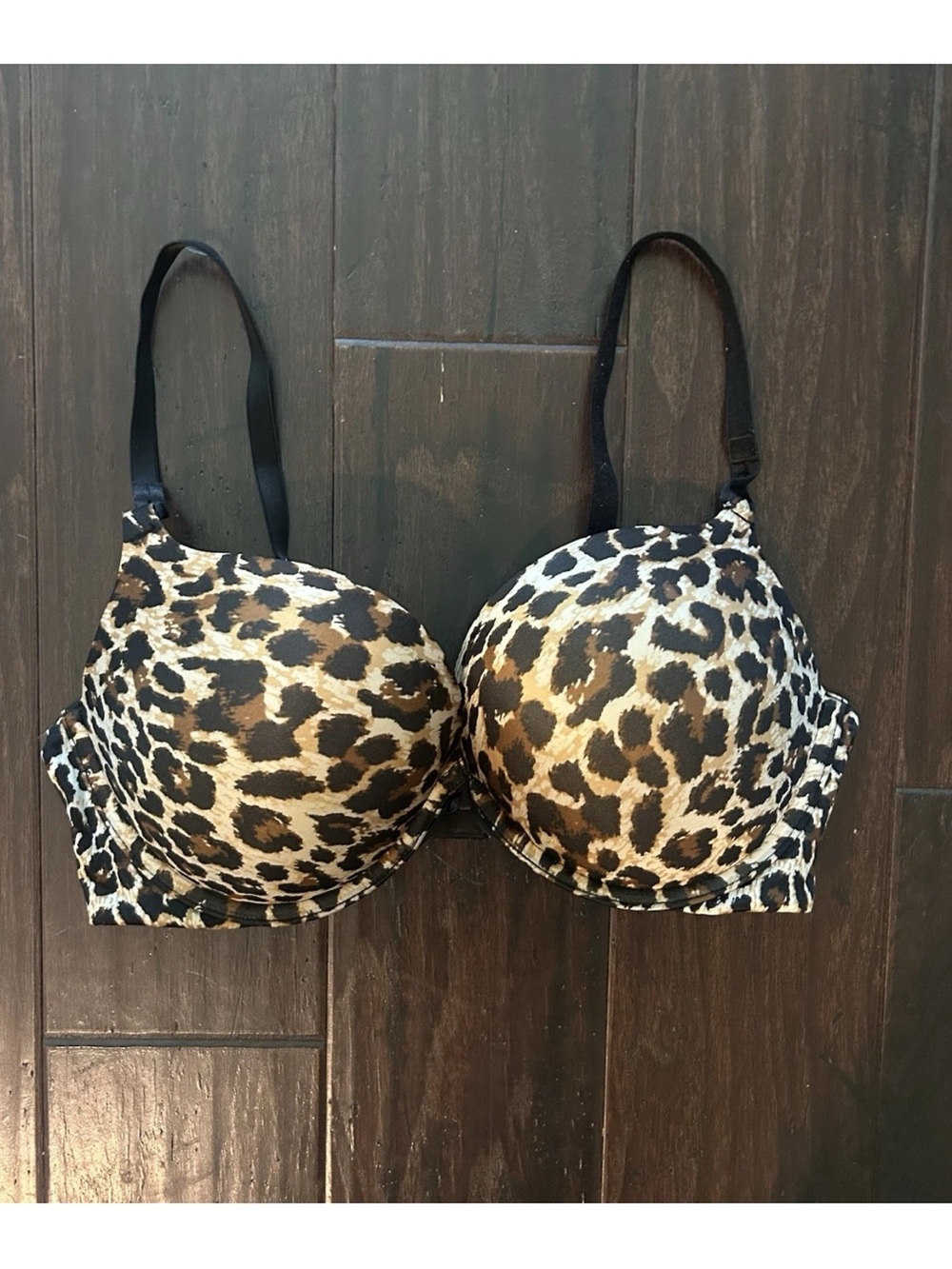 Victoria’s Secret Miraculous Plunge Black/ Leopard Print Bra, Size 36C